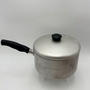 Vintage Wear-Ever Aluminum Saucepan with Lid Black Handle Silver Pot 754 1/2 USA